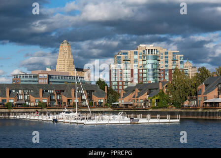 Basin Marina Park and city skyline, Buffalo, New York, USA. Stock Photo