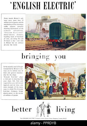 1952 British advertisement for the English Electric Company diesel-electric railway shunters. Stock Photo