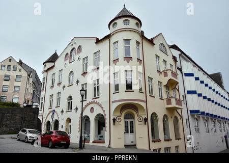 ALESUND, NORWAY - JULY 6, 2018. Alesund town, famous for Art Nouveau or Jugendstil buildings . Aksel Holms Plass building. Stock Photo