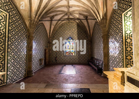 Sintra, Portugal - December 7, 2017: Stained-glass window panels commissioned by King Ferdinand II in 1840 from the Kellner workshop in Nuremberg and  Stock Photo