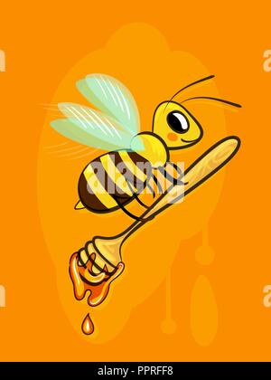 Children's kind haracter good cartoon bee carries honey in wooden bucket for honey, honey dipper. Illustration in vector for print or design. Stock Vector