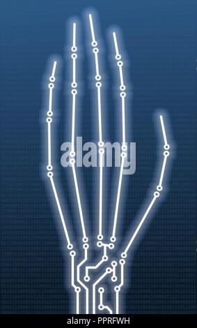 Hand bones in PCB-layout style with shine on a blue digital background. Conceptual illustration for computer crime illustration such as network hackin Stock Vector