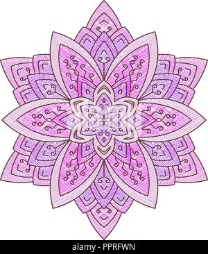 Abstract vector colorful round lace design in mono line style - mandala, decorative element in pink tones with hatching style color fills. Stock Vector