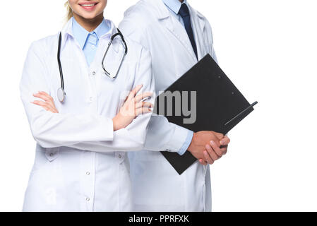 cropped image of doctors standing with stethoscope and clipboard isolated on white Stock Photo