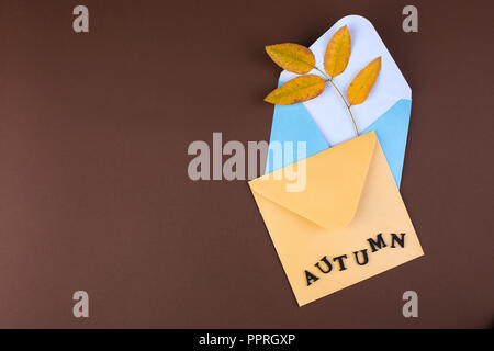 Yellow autumn leaves and two envelopes for writing on a brown background. Top view. Free space for text. Postcard in the style of minimalism. Copy spa Stock Photo