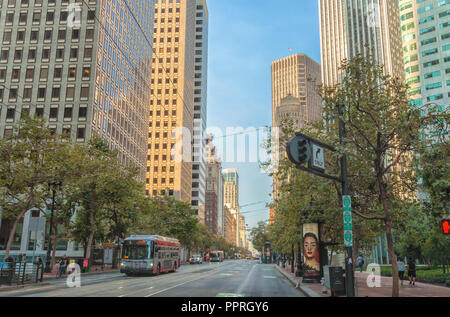 Muni bus on Market Street in San Francisco, California, United States, on an early Sunday morning. Stock Photo