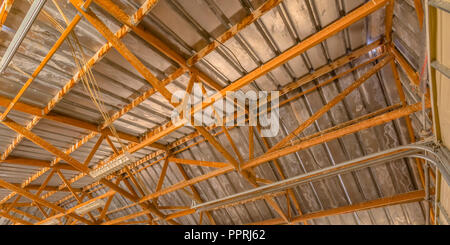 Close up view of a barn interior roof framework Stock Photo