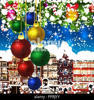 Christmas ball on the background of snow-covered streets. Green branches of Christmas trees decorated with Christmas balls and sweets. Christmas backg Stock Vector
