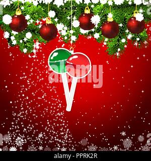 Vector New Year design background. Template card whit red Christmas balls on the green branches . Silhouette of a Christmas tree made of stars. Fallin Stock Vector