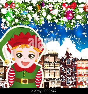 Elf on the background of snow-covered streets. New Year design background. Falling snow.  Holiday illustration with place for text. Stock Vector