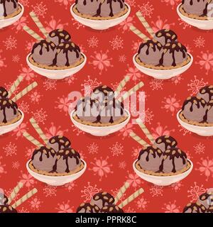 Seamless Background, Cup with Chocolate Ice Cream, Waffles and Almond Nuts on Abstract Floral Pattern. Eps10, Contains Transparencies. Vector Stock Vector