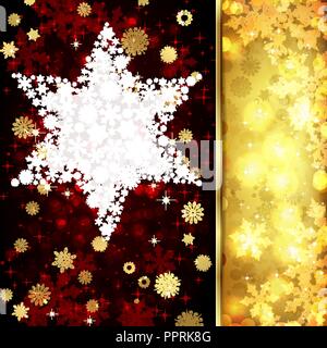 Vector New Year card with decor, snowflakes on golden and red background. Stock Vector