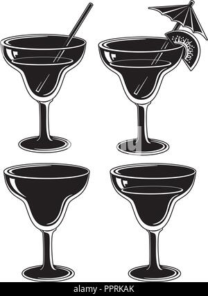 Glasses with drink, set: empty, with a drink, with a kiwifruit and straw. Symbolical pictogram, black contour on white background. Vector Stock Vector