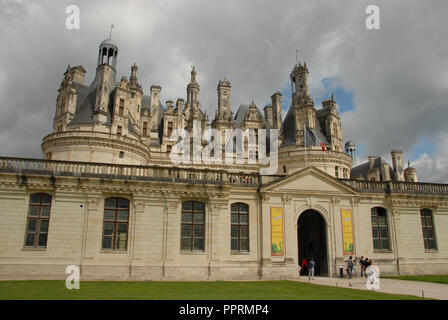 Main visitor entrance to the royal Chateau de Chambord in the Val de Loire (Loire Valley) in France.   The chateau is one of the most recognizable cha