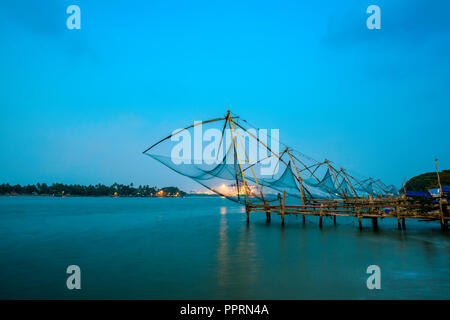 beautiful twilight scene of  Kochi chinese fishnets in Kochi, Kerala. Fort Kochin, south India Stock Photo