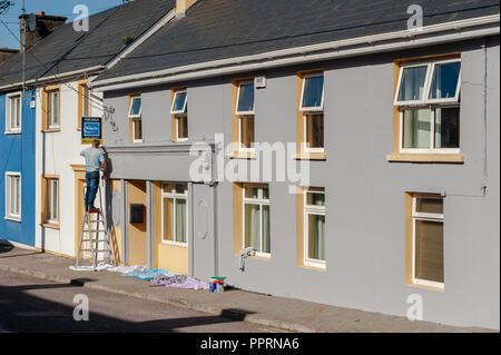 Man on a step ladder painting a house in Drimoleague, West Cork, Ireland on a sunny day Stock Photo