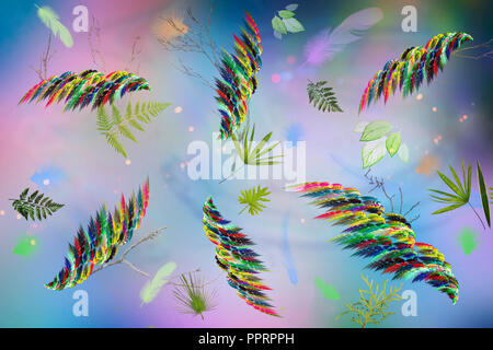 Abstract image: on a beautiful pastel background colored feathers and leaves of plants. Stock Photo