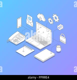 Line vector illustration of office desk for IT solutions. such us computer connection, telephony, internet security. Modern isometric style. Stock Vector