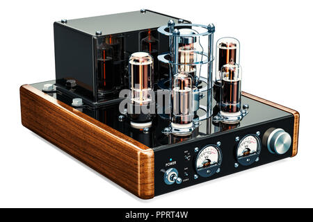 Vintage vacuum tube amplifier, 3D rendering isolated on white background Stock Photo