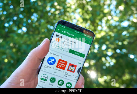 MONTREAL, CANADA - August 28, 2018: Amazon AWS Console android app on Samsung s8 screen in a hand. Stock Photo