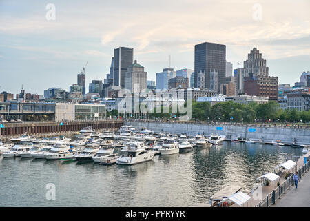 MONTREAL, CANADA - SEPTEMBER 8, 2018: Scenic view of Downtown Montreal from Old Port in the evening. Stock Photo