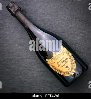 Tambov, Russian Federation - August 16, 2018 Bottle of Champagne Dom Perignon Vintage 2005 on black background. Studio shot. Stock Photo