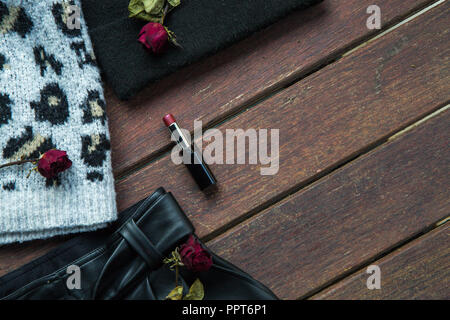 Autumn Fashion Accessories Set. Trendy fall women outfit set. Lay flat Stock Photo