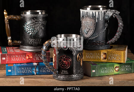 Three official House Stark tankards from Game of Thrones series Stock Photo