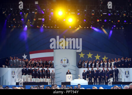 Team USA and Team Europe during the Ryder Cup Opening Ceremony at Le Golf National, Saint-Quentin-en-Yvelines, Paris. Stock Photo