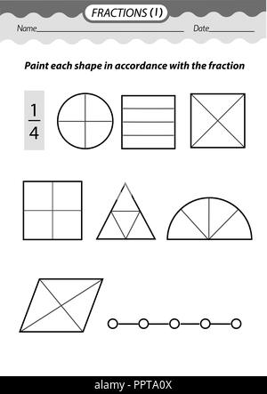 Training material- coloring book. Solve examples and color fractions .Black and white vector illustration. Stock Vector