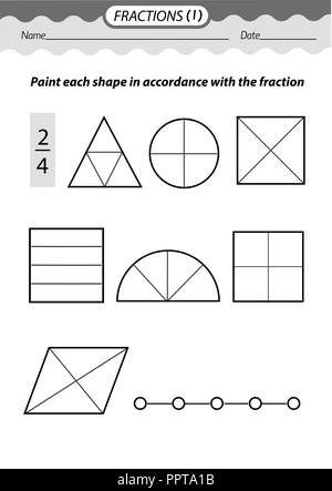 Training material- coloring book. Solve examples and color fractions .Black and white vector illustration. Stock Vector