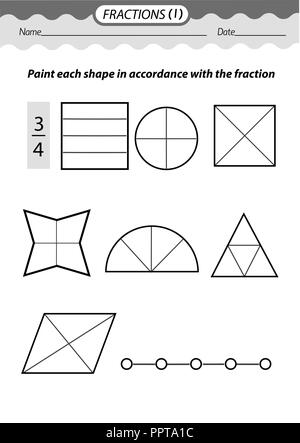 Training material- coloring book. Solve examples and color fractions .Black and white vector illustration. Stock Vector