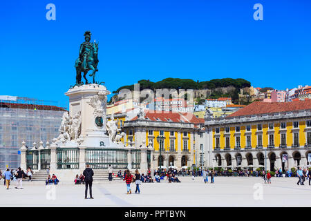 Lisbon, Portugal - March 27, 2018: Praca do Comercio or Commerce square, people and statue of King Jose I Stock Photo
