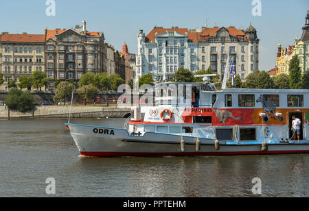 River sightseeing cruise boat on the River Vltava in the centre of Prague. Stock Photo