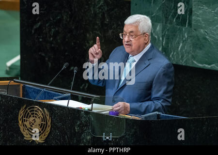 New York, USA, 27 September 2018. Mahmoud Abbas, President of the State of Palestine, addresses the 73rd United Nations General Assembly at the UN headquarters in New York city. Photo by Enrique Shore Credit: Enrique Shore/Alamy Live News Stock Photo