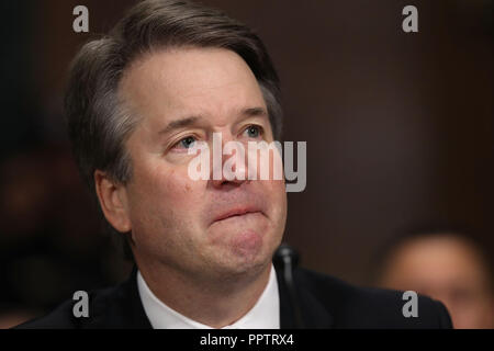 Washington, DC, USA. 27th Sep, 2018. Judge Brett Kavanaugh testifies to the Senate Judiciary Committee during his Supreme Court confirmation hearing in the Dirksen Senate Office Building on Capitol Hill September 27, 2018 in Washington, DC.  Credit: ZUMA Press, Inc./Alamy Live News. Stock Photo