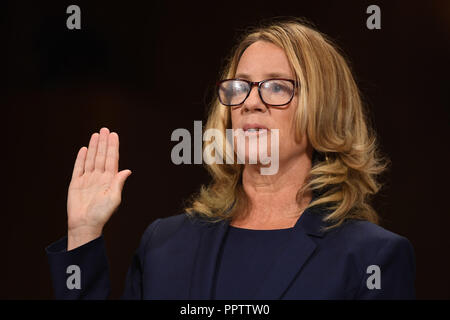 Washington, District of Columbia, USA. 27th Sep, 2018. CHRISTINE BLASEY FORD, the woman accusing Supreme Court nominee Brett Kavanaugh of sexually assaulting her at a party 36 years ago, testifies before the US Senate Judiciary Committee on Capitol Hill in Washington, DC. Credit: Saul Loeb/CNP/ZUMA Wire/Alamy Live News Stock Photo
