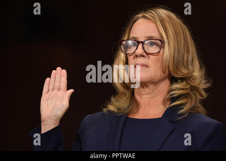 Christine Blasey Ford, the woman accusing Supreme Court nominee Brett Kavanaugh of sexually assaulting her at a party 36 years ago, testifies before the US Senate Judiciary Committee on Capitol Hill in Washington, DC, September 27, 2018.  Credit: Pool via CNP/MediaPunch Stock Photo