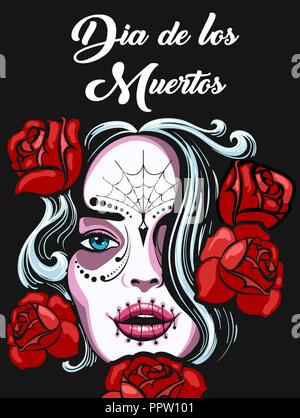 Female face with dead skull make, rose flowers and spanish wording Dia de los Muertos what means Day of the Dead. Mexican Holiday poster design. Vecto Stock Vector