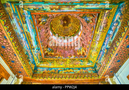 CAIRO, EGYPT - DECEMBER 23, 2017: The decoration of the ceiling and the cupola of Coptic Museum with unusual paintings themes, on December 23 in Cairo Stock Photo