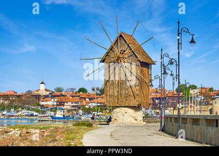 Wooden windmill, old town Nesebar, Bulgaria Stock Photo