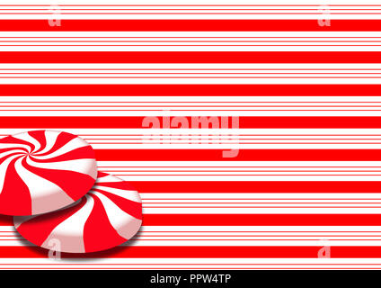 Candy striped design with swirling red and white peppermint hard candy illustrates the Christmas holiday theme. Background image. Stock Photo