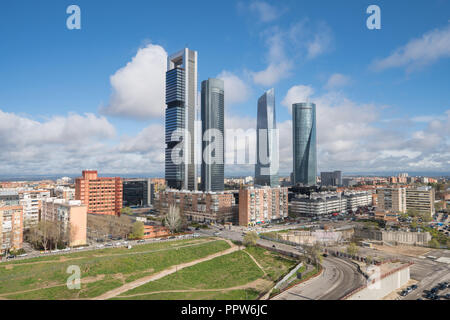 Madrid cityscape at daytime. Landscape of Madrid business building at Four Tower. Modern high building in business district area at Spain. Stock Photo