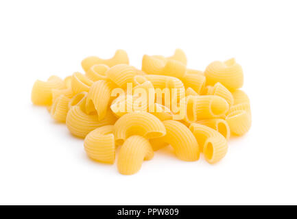 Uncooked elbow macaroni isolated on white background. Stock Photo