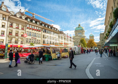 Bern, Switzerland - September 16, 2015: Photo taken at the Barenplatz in Bern, Switzerland. We look towards the Bundesplatz in the back Stock Photo