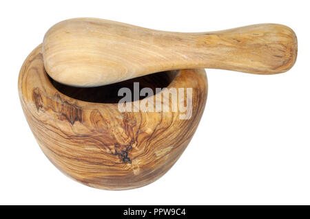 Kitchen mortar and pestle are made from solid walnut wood. Isolated on white with patch Stock Photo