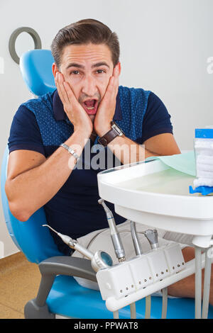 Crazy patient sitting in a dental chair Stock Photo