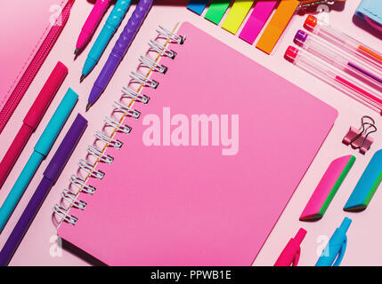 Studio shot of pink school supplies stock photo