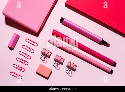 Notebook, pencil case lie on the pink background