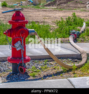 Red Fire Hydrant With Multiple Hose Fittings, Fire Prevention System,  Outdoor Safety Stock Photo, Picture and Royalty Free Image. Image 126989525.